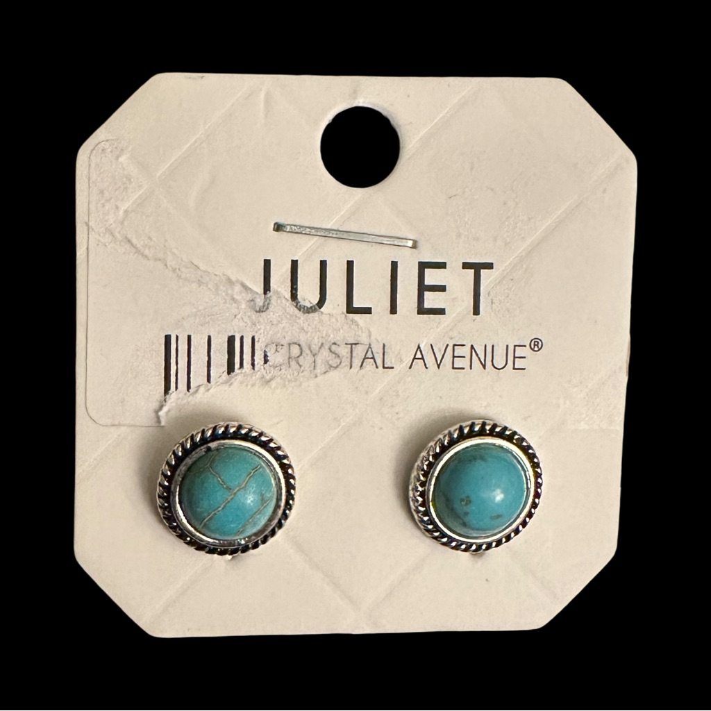 Faux Turquoise Stud Earrings Blue Silver Tone Dainty Round